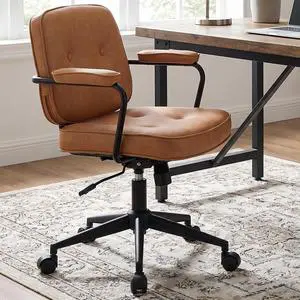 Adjustable Pu Leather Office Chair, Comfy 360° Swivel Task Chair with Armrest Modern Thickened Seat Desk Chair Tiltable Computer Chair with Button Tufted for Home Office, Light Brown Adjustable Pu Leather Office Chair, Comfy 360° Swivel Task Chair with Armrest Modern Thickened Seat Desk Chair Tiltable Computer Chair with Button Tufted for Home Office, Light Brown