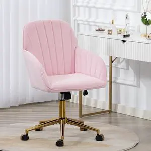 Home Office Chair, Velvet Modern Makeup Vanity Chair with Gold Base and Wheels, Height Adjustable Swivel Desk Chair for Living Room Bedroom Study Room, Pink Home Office Chair, Velvet Modern Makeup Vanity Chair with Gold Base and Wheels, Height Adjustable Swivel Desk Chair for Living Room Bedroom Study Room, Pink