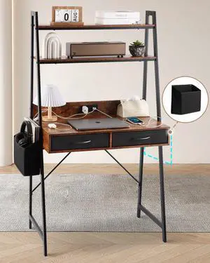 Small Home Office Study Desk - Freestanding Ladder Design with Fabric Drawers & Side Bag - Modern Vanity Makeup Desk - 2 Tier Shelf & Computer Gaming Station Small Home Office Study Desk - Freestanding Ladder Design with Fabric Drawers & Side Bag - Modern Vanity Makeup Desk - 2 Tier Shelf & Computer Gaming Station