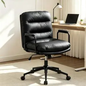 Ergonomic Office Chair, Home Office Desk Chair with Lumbar Support, Adjustable Height 360° Swivel Computer Task Chair, Removable Armrest Mid Back Executive Chair, Black Leather Ergonomic Office Chair, Home Office Desk Chair with Lumbar Support, Adjustable Height 360° Swivel Computer Task Chair, Removable Armrest Mid Back Executive Chair, Black Leather