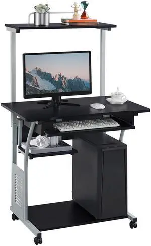3 Tier Computer Desk with Printer Shelf and Keyboard Tray, Home Office Desk Computer Workstation Rolling Study PC Laptop Table for Small Spaces Black 3 Tier Computer Desk with Printer Shelf and Keyboard Tray, Home Office Desk Computer Workstation Rolling Study PC Laptop Table for Small Spaces Black