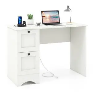 White Desk with Drawers & Charging Station, Wooden Home Office Desk PC Laptop Notebook Desk, Compact Study Desk Writing Desk, Computer Workstation Ideal for Home & Office White Desk with Drawers & Charging Station, Wooden Home Office Desk PC Laptop Notebook Desk, Compact Study Desk Writing Desk, Computer Workstation Ideal for Home & Office