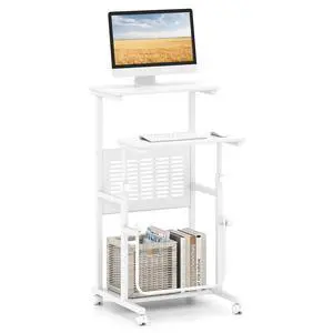 Adjustable Standing Desk, Mobile Rolling Computer Desk with Storage Shelf, Portable Laptop Table with Footrest, Mesh Panel, Lockable Wheels, Sit Stand Workstation for Home Office Adjustable Standing Desk, Mobile Rolling Computer Desk with Storage Shelf, Portable Laptop Table with Footrest, Mesh Panel, Lockable Wheels, Sit Stand Workstation for Home Office