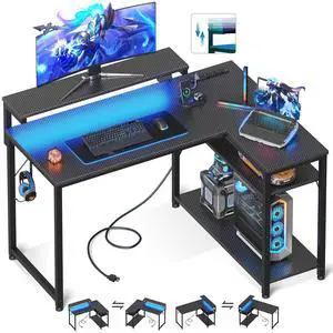 L Shaped Gaming Desk with Power Outlet, Reversible Gaming Desk with Height Adjustable Monitor Stand, Gaming Computer Desk 43inch with LED Lights, Home Office Desk, Black L Shaped Gaming Desk with Power Outlet, Reversible Gaming Desk with Height Adjustable Monitor Stand, Gaming Computer Desk 43inch with LED Lights, Home Office Desk, Black