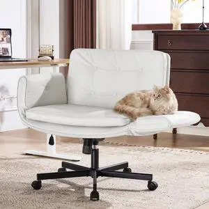 Criss Cross Chair with 5-Position Adjustable Arms, Pet-Friendly PU Leather Swivel Vanity Chair with Wheels, Comfortable Extra Wide Computer Desk Chair for Home Office, Bedroom, White Criss Cross Chair with 5-Position Adjustable Arms, Pet-Friendly PU Leather Swivel Vanity Chair with Wheels, Comfortable Extra Wide Computer Desk Chair for Home Office, Bedroom, White