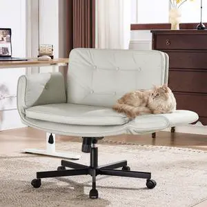 Criss Cross Chair with 5-Position Adjustable Arms, Pet-Friendly PU Leather Swivel Vanity Chair with Wheels, Comfortable Wide Computer Desk Chair for Home Office, Bedroom, Beige Criss Cross Chair with 5-Position Adjustable Arms, Pet-Friendly PU Leather Swivel Vanity Chair with Wheels, Comfortable Wide Computer Desk Chair for Home Office, Bedroom, Beige