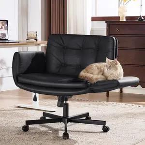 Criss Cross Chair with 5-Position Adjustable Arms, Pet-Friendly PU Leather Swivel Vanity Chair with Wheels, Comfortable Extra Wide Computer Desk Chair for Home Office, Bedroom, Black Criss Cross Chair with 5-Position Adjustable Arms, Pet-Friendly PU Leather Swivel Vanity Chair with Wheels, Comfortable Extra Wide Computer Desk Chair for Home Office, Bedroom, Black