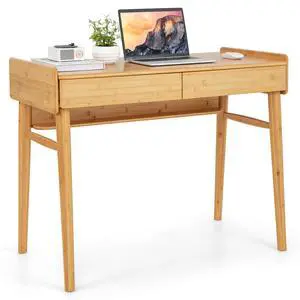 Bamboo Mid Century Desk with 2 Storage Drawers, Home Office Study Writing Desk with Shelf & Cable Management Groove, Home Office Desk for Working & Learning (Natural) Bamboo Mid Century Desk with 2 Storage Drawers, Home Office Study Writing Desk with Shelf & Cable Management Groove, Home Office Desk for Working & Learning (Natural)
