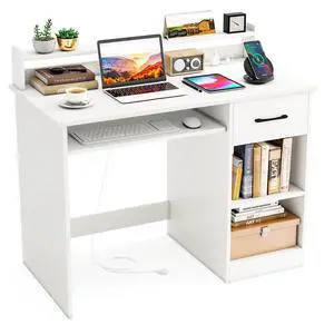 White Desk with Drawer & Keyboard Tray, Home Office Desk with Built-in Charge Station & Adjustable Shelf, Study Writing Table with Hutch, Modern Computer PC Workstation White Desk with Drawer & Keyboard Tray, Home Office Desk with Built-in Charge Station & Adjustable Shelf, Study Writing Table with Hutch, Modern Computer PC Workstation