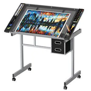 Drafting Table on Wheels with Storage Drawers, Adjustable Glass Tabletop, Craft Table Drawing Desk Artist Hobby Table for Painting, Drawing, Crafting Drafting Table on Wheels with Storage Drawers, Adjustable Glass Tabletop, Craft Table Drawing Desk Artist Hobby Table for Painting, Drawing, Crafting