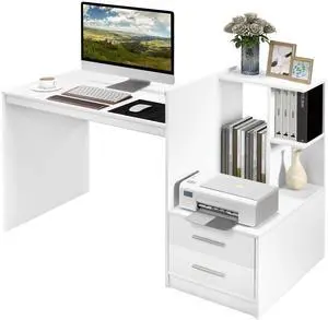 White Desk with 2 Storage Drawers & Bookshelf, Home Office Desk with Corner Bookshelf & Printer Stand, Small Writing Study Desk for Small Space, Modern Vanity Table for Bedroom (White) White Desk with 2 Storage Drawers & Bookshelf, Home Office Desk with Corner Bookshelf & Printer Stand, Small Writing Study Desk for Small Space, Modern Vanity Table for Bedroom (White)