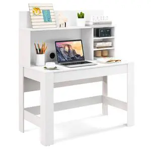 White Desk with Hutch, Home Office Desk with Bookshelf, Computer Workstation PC Laptop Table with Anti-Toppling Device & Cable Hole, Modern Study Writing Desk for Small Spaces, Bedroom White Desk with Hutch, Home Office Desk with Bookshelf, Computer Workstation PC Laptop Table with Anti-Toppling Device & Cable Hole, Modern Study Writing Desk for Small Spaces, Bedroom