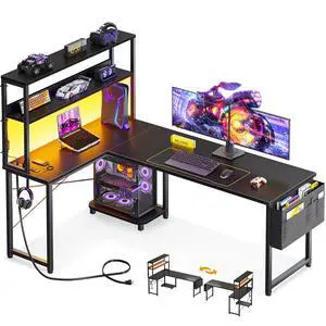 61 Inch L Shaped Desk with LED Lighting, Reversible Gaming Desk with Power Outlets, Cornor Computer Table with Storage Shelves & Bag & Iron Hook, Home Office Table for Writing, Study, Black 61 Inch L Shaped Desk with LED Lighting, Reversible Gaming Desk with Power Outlets, Cornor Computer Table with Storage Shelves & Bag & Iron Hook, Home Office Table for Writing, Study, Black