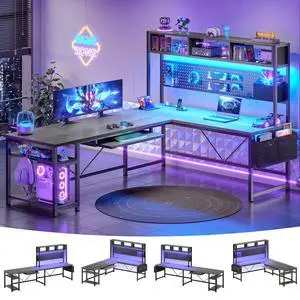 L Shaped Desk, 94.5 Inch Home Office Desk with Power Outlet & Pegboard, L Shaped Gaming Desk with LED Light, Keyboard Tray, Storage Shelves and Headphone Hook for Home Office, Grey L Shaped Desk, 94.5 Inch Home Office Desk with Power Outlet & Pegboard, L Shaped Gaming Desk with LED Light, Keyboard Tray, Storage Shelves and Headphone Hook for Home Office, Grey