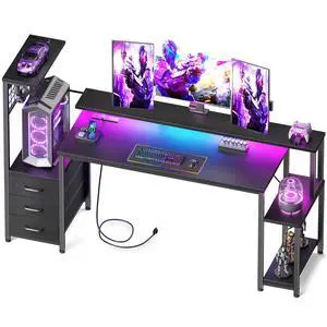 63 Inch Gaming Desk with Bluetooth LED Lights & Power Outlets,Computer Desk with Fabric Drawers & Hooks,Reversible Gamer Table with Monitor Stand for Game Room,Home Office,Carbon Fiber Black 63 Inch Gaming Desk with Bluetooth LED Lights & Power Outlets,Computer Desk with Fabric Drawers & Hooks,Reversible Gamer Table with Monitor Stand for Game Room,Home Office,Carbon Fiber Black