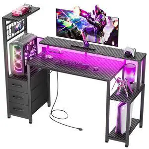 48 Inch Gaming Desk with LED Lights & Power Outlets,Computer Desk with Fabric Drawers & Side Hook,Reversible Gamer Table with Monitor Stand for Game Room,Home Office,Carbon Fiber Black 48 Inch Gaming Desk with LED Lights & Power Outlets,Computer Desk with Fabric Drawers & Side Hook,Reversible Gamer Table with Monitor Stand for Game Room,Home Office,Carbon Fiber Black