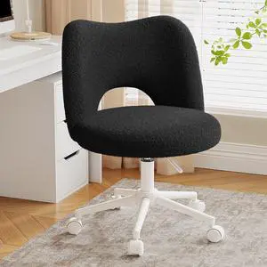 Vanity Chair with Wheels, Soft Teddy Fleece Desk Chair, Breathable Open-Back, Height Adjustable Armless for Makeup Room, Bedroom, Dorm, Home Office, Black Vanity Chair with Wheels, Soft Teddy Fleece Desk Chair, Breathable Open-Back, Height Adjustable Armless for Makeup Room, Bedroom, Dorm, Home Office, Black