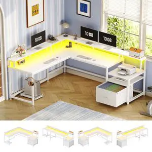 66" L Shaped Desk with Power Outlet, Reversible Home Office Computer Desk with File Drawer & Monitor Shelf, Storage Shelves, LED Lights for Corner Small Spaces, White 66" L Shaped Desk with Power Outlet, Reversible Home Office Computer Desk with File Drawer & Monitor Shelf, Storage Shelves, LED Lights for Corner Small Spaces, White