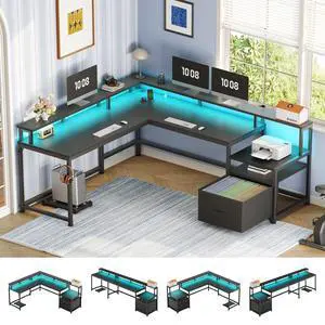 66" L Shaped Desk with Power Outlet, Reversible Home Office Computer Desk with File Drawer & Monitor Shelf, Storage Shelves, LED Lights for Corner Small Spaces, Black 66" L Shaped Desk with Power Outlet, Reversible Home Office Computer Desk with File Drawer & Monitor Shelf, Storage Shelves, LED Lights for Corner Small Spaces, Black