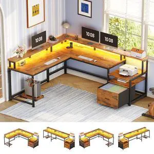 66" L Shaped Desk with Power Outlet, Reversible Home Office Computer Desk with File Drawer & Monitor Shelf, Storage Shelves, LED Lights, Rustic Brown for Corner Small Spaces 66" L Shaped Desk with Power Outlet, Reversible Home Office Computer Desk with File Drawer & Monitor Shelf, Storage Shelves, LED Lights, Rustic Brown for Corner Small Spaces