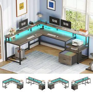 66" L Shaped Desk with Power Outlet, Reversible Home Office Computer Desk with File Drawer & Monitor Shelf, Storage Shelves, LED Lights for Corner Small Spaces, Walnut 66" L Shaped Desk with Power Outlet, Reversible Home Office Computer Desk with File Drawer & Monitor Shelf, Storage Shelves, LED Lights for Corner Small Spaces, Walnut