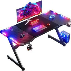 63 INCH Gaming Desk with LED Lights, Home Office Gamer Desk, Ergonomic Computer Table with Large Carbon Fiber Desktop, Office Workstation with Mouse Pad, Cup Holder & Headphone Hook, Black 63 INCH Gaming Desk with LED Lights, Home Office Gamer Desk, Ergonomic Computer Table with Large Carbon Fiber Desktop, Office Workstation with Mouse Pad, Cup Holder & Headphone Hook, Black