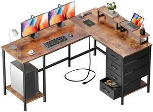 59 inch L Shaped Computer Desk with Power Outlets, Home Office Desk with 4 Adjustable Storage Drawers & 2 Monitor Stands, Two Person Gaming Table for Bedroom, Rustic Brown 59 inch L Shaped Computer Desk with Power Outlets, Home Office Desk with 4 Adjustable Storage Drawers & 2 Monitor Stands, Two Person Gaming Table for Bedroom, Rustic Brown