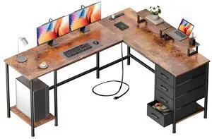 66" L Shaped Computer Desk with Power Outlets, Home Office Desk with 4 Adjustable Storage Drawers & 2 Monitor Stands, Large Two Person Gaming Table for Writing Study, Rustic Brown 66" L Shaped Computer Desk with Power Outlets, Home Office Desk with 4 Adjustable Storage Drawers & 2 Monitor Stands, Large Two Person Gaming Table for Writing Study, Rustic Brown