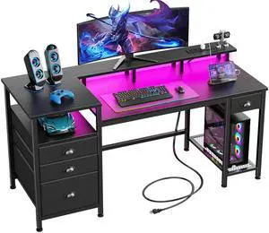 60" Black Computer Desk with 4 Drawers and Printer Space, Gaming Desk with LED Lights and USB Power Outlets, Home Office Desk with Fabric File Cabinet,Study Work Table with Shelf for Bedroom 60" Black Computer Desk with 4 Drawers and Printer Space, Gaming Desk with LED Lights and USB Power Outlets, Home Office Desk with Fabric File Cabinet,Study Work Table with Shelf for Bedroom