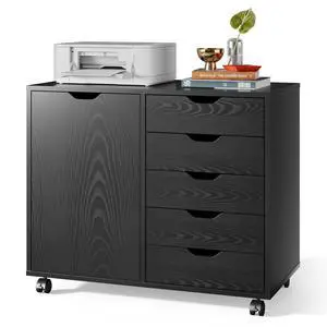 Mobile File Cabinet, 5-Drawer Wood Storage Chest with Door, Printer Stand for Home Office, Black Mobile File Cabinet, 5-Drawer Wood Storage Chest with Door, Printer Stand for Home Office, Black