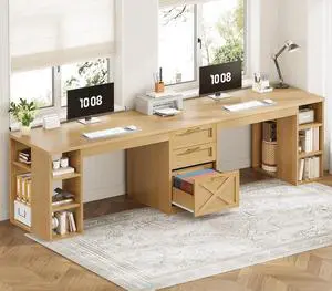 Farmhouse 96.5" Computer Desk with Drawers, 2 Person Home Office Desk, Gaming Double Desk with Storage Shelves, Long Two Person Writing Desk, Oak Farmhouse 96.5" Computer Desk with Drawers, 2 Person Home Office Desk, Gaming Double Desk with Storage Shelves, Long Two Person Writing Desk, Oak