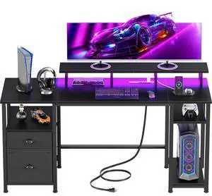 61" Gaming Desk with Power Outlets & LED Lights, Reversible Computer Desk with File Cabinet & Monitor Stand for Home Office, Large Work Table with Storage Shelves & Drawer, Black 61" Gaming Desk with Power Outlets & LED Lights, Reversible Computer Desk with File Cabinet & Monitor Stand for Home Office, Large Work Table with Storage Shelves & Drawer, Black