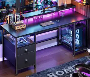 51" Gaming Desk with Power Outlets & LED Lights, Reversible Computer Desk with File Cabinet & Monitor Stand for Home Office, Large Work Table with Storage Shelves & Drawer, Black 51" Gaming Desk with Power Outlets & LED Lights, Reversible Computer Desk with File Cabinet & Monitor Stand for Home Office, Large Work Table with Storage Shelves & Drawer, Black