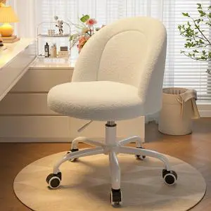 White Vanity Chair with Wheels, Cute Desk Chair with Back, Armless Chair with Height Adjustable & 360° Swivel, Soft Lumbar Support for Small Space, Bedroom White Vanity Chair with Wheels, Cute Desk Chair with Back, Armless Chair with Height Adjustable & 360° Swivel, Soft Lumbar Support for Small Space, Bedroom