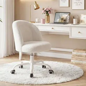 Vanity Chair, Soft Teddy Fleece Makeup Chair with Silent Wheels, Height Adjustable & 360° Swivel, Space-Saving Armless Design, Cream White Vanity Chair, Soft Teddy Fleece Makeup Chair with Silent Wheels, Height Adjustable & 360° Swivel, Space-Saving Armless Design, Cream White