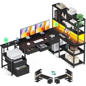 71 inch L Shaped Desk with 5 Drawers, Reversible L Shaped Gaming Desk with LED Light & 2 Power Outlets, Computer Desk with Storage Shelves for Home Office, Black 71 inch L Shaped Desk with 5 Drawers, Reversible L Shaped Gaming Desk with LED Light & 2 Power Outlets, Computer Desk with Storage Shelves for Home Office, Black