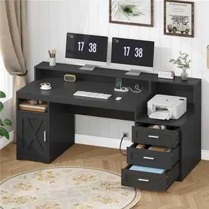 Farmhouse Computer Desk with Drawers, 65'' Home Office Desk with Power Outlets, Storage Cabinet and Printer Stand, Study Writing Desks with Long Monitor Stand, Black Farmhouse Computer Desk with Drawers, 65'' Home Office Desk with Power Outlets, Storage Cabinet and Printer Stand, Study Writing Desks with Long Monitor Stand, Black