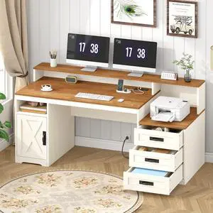 Farmhouse Computer Desk with Drawers, 65'' Home Office Desk with Power Outlets, Storage Cabinet and Printer Stand, Study Writing Desks with Long Monitor Stand, Brown and White Farmhouse Computer Desk with Drawers, 65'' Home Office Desk with Power Outlets, Storage Cabinet and Printer Stand, Study Writing Desks with Long Monitor Stand, Brown and White