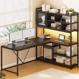 L Shaped Computer Desk, 58'' Office Desk with LED Light and Bookshelf, L Shaped Corner Desk with Storage Shelves for Home Office, Gaming Desk, L Desk, Black L Shaped Computer Desk, 58'' Office Desk with LED Light and Bookshelf, L Shaped Corner Desk with Storage Shelves for Home Office, Gaming Desk, L Desk, Black
