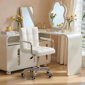 Vanity Office Chair with Wheels, Makeup PU Leather Executive Chair Modern Adjustable Home Desk Retro Comfortable Work Chair 360 Degree Swivel with Arms (White) Vanity Office Chair with Wheels, Makeup PU Leather Executive Chair Modern Adjustable Home Desk Retro Comfortable Work Chair 360 Degree Swivel with Arms (White)