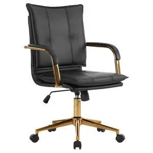 Mid-Back Ergonomic Leather Office Desk Chair, Modern Upholstered Computer Chair, Executive Office Chair with Arms, Swivel Adjustable Rolling Chair with Gold Base (Black) Mid-Back Ergonomic Leather Office Desk Chair, Modern Upholstered Computer Chair, Executive Office Chair with Arms, Swivel Adjustable Rolling Chair with Gold Base (Black)