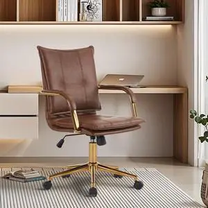 Mid-Back Ergonomic Leather Office Desk Chair, Modern Upholstered Computer Chair, Executive Office Chair with Arms, Swivel Adjustable Rolling Chair with Gold Base (Brown) Mid-Back Ergonomic Leather Office Desk Chair, Modern Upholstered Computer Chair, Executive Office Chair with Arms, Swivel Adjustable Rolling Chair with Gold Base (Brown)