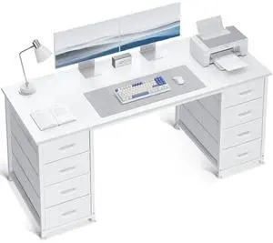 55 Inch Computer Desk with 8 Fabric Drawers, Modern Office Desk with Large Storage for Home Office, Study, Gaming, White 55 Inch Computer Desk with 8 Fabric Drawers, Modern Office Desk with Large Storage for Home Office, Study, Gaming, White
