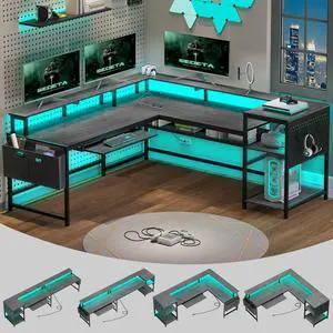 L Shaped Gaming Desk, Convertible 96" Home Office Desk or Corner Desk, L Shaped Table with Power Outlets & LED Strip, Monitor Stand, Keyboard Tray, Pegboard and Storage Shelves, Grey L Shaped Gaming Desk, Convertible 96" Home Office Desk or Corner Desk, L Shaped Table with Power Outlets & LED Strip, Monitor Stand, Keyboard Tray, Pegboard and Storage Shelves, Grey