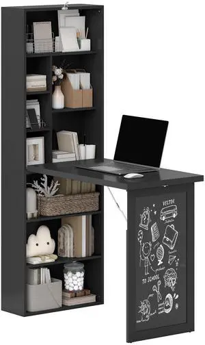 Foldable Convertible Writing Table, Wall Mounted Space-Saving Computer Desk with Chalkboard and Storage Shelves for Small Spaces, Home Office, Bedroom, Dorm, Apartment, Black Foldable Convertible Writing Table, Wall Mounted Space-Saving Computer Desk with Chalkboard and Storage Shelves for Small Spaces, Home Office, Bedroom, Dorm, Apartment, Black