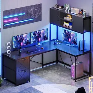 Corner Computer Desk, Reversible L Shaped Computer Desk with Fabric Drawers and Power Outlet, Gaming Desk with Led Lights, Hutch and Storage Shelf for Home Office, Black Corner Computer Desk, Reversible L Shaped Computer Desk with Fabric Drawers and Power Outlet, Gaming Desk with Led Lights, Hutch and Storage Shelf for Home Office, Black