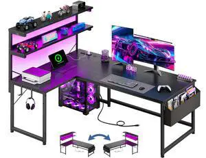 53 Inch L Shaped Desk Gaming Desk with LED Light & 5 Power Outlet, Reversible Computer Desk with Shelf & Storage Bag Gamer Corner Desk with Headphone Hook for Gaming Room,Small Space,Black 53 Inch L Shaped Desk Gaming Desk with LED Light & 5 Power Outlet, Reversible Computer Desk with Shelf & Storage Bag Gamer Corner Desk with Headphone Hook for Gaming Room,Small Space,Black