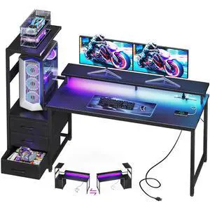 59 Inch Gaming Desk with USB Charging Ports & LED Light - Reversible Computer Desk with 3 Fabric Drawers, Monitor Stand, CPU Stand, Modern Office Desk, Pure Black 59 Inch Gaming Desk with USB Charging Ports & LED Light - Reversible Computer Desk with 3 Fabric Drawers, Monitor Stand, CPU Stand, Modern Office Desk, Pure Black