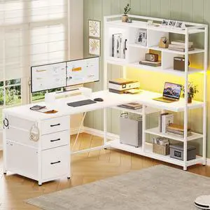 L Shaped Computer Desk, 58'' Office Desk with 3 Drawers and Bookshelf, L Shaped Corner Desk with Storage Shelves and LED Light for Home Office, Gaming Desk, L Desk, White L Shaped Computer Desk, 58'' Office Desk with 3 Drawers and Bookshelf, L Shaped Corner Desk with Storage Shelves and LED Light for Home Office, Gaming Desk, L Desk, White