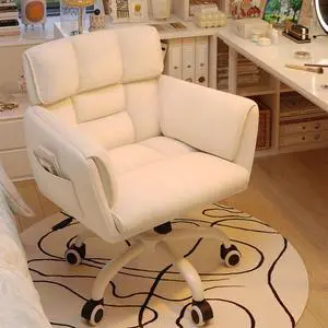Home Office Chair with Wheels Soft-Touch Material,Modern Cute Vanity Chair with Back Adjustable Height Upholstered Comfy Desk Chairs with Side Pockets for Bedroom,White Home Office Chair with Wheels Soft-Touch Material,Modern Cute Vanity Chair with Back Adjustable Height Upholstered Comfy Desk Chairs with Side Pockets for Bedroom,White